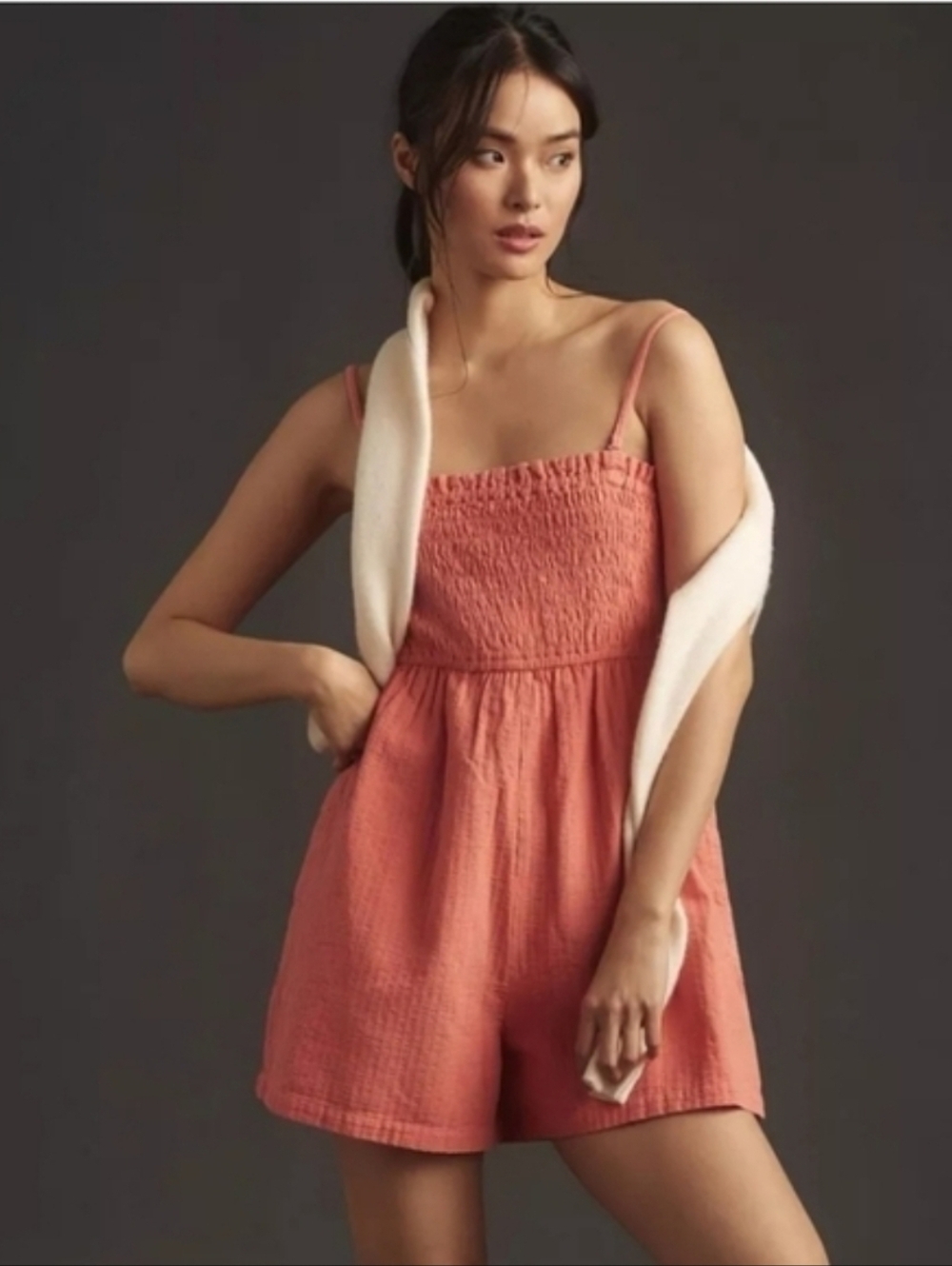 Anthro Pilcro Smocked Strap Coral Romper Dopamine Bohimian Linen